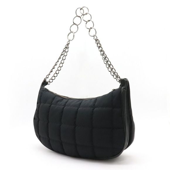 Chanel Chain Shoulder Bag Shawl Nylon Leather Black Silver Metal Fittings - Picture 1 of 7